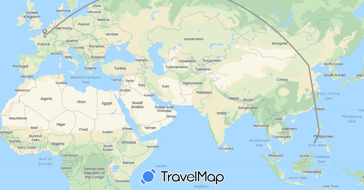 TravelMap itinerary: driving, bus, plane, boat in China, France, Philippines (Asia, Europe)